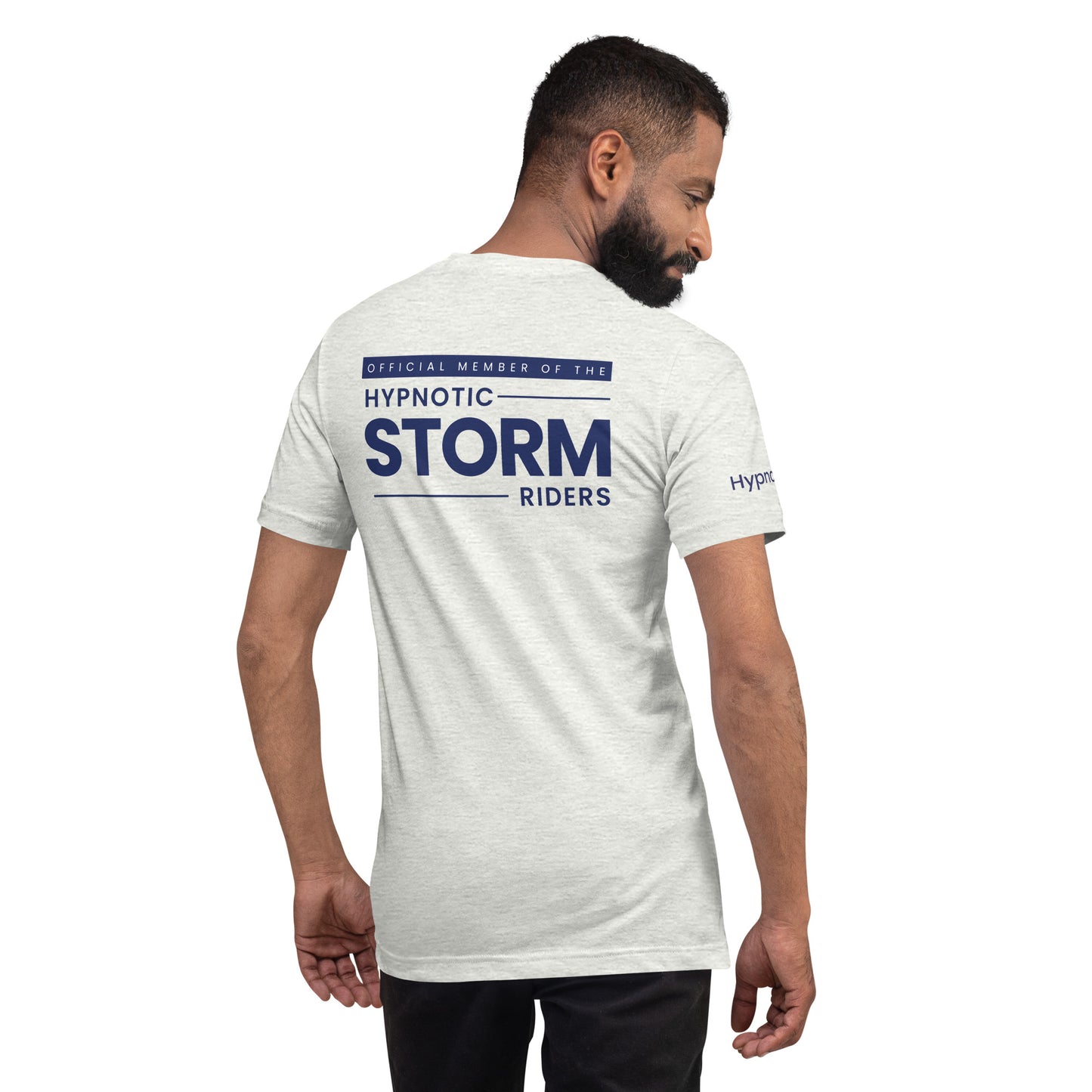 Official StormRider Mike Mandel Hypnosis Assorted Colors Unisex Cotton T-Shirt Dark Logo Light Background - Hypnotist on sleeve