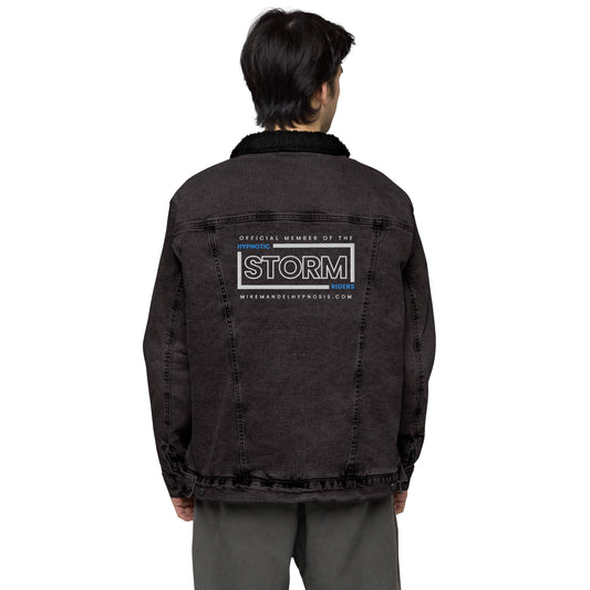 Official Mike Mandel Hypnosis StormRider Unisex Denim Sherpa Jacket - Hypnotist on front