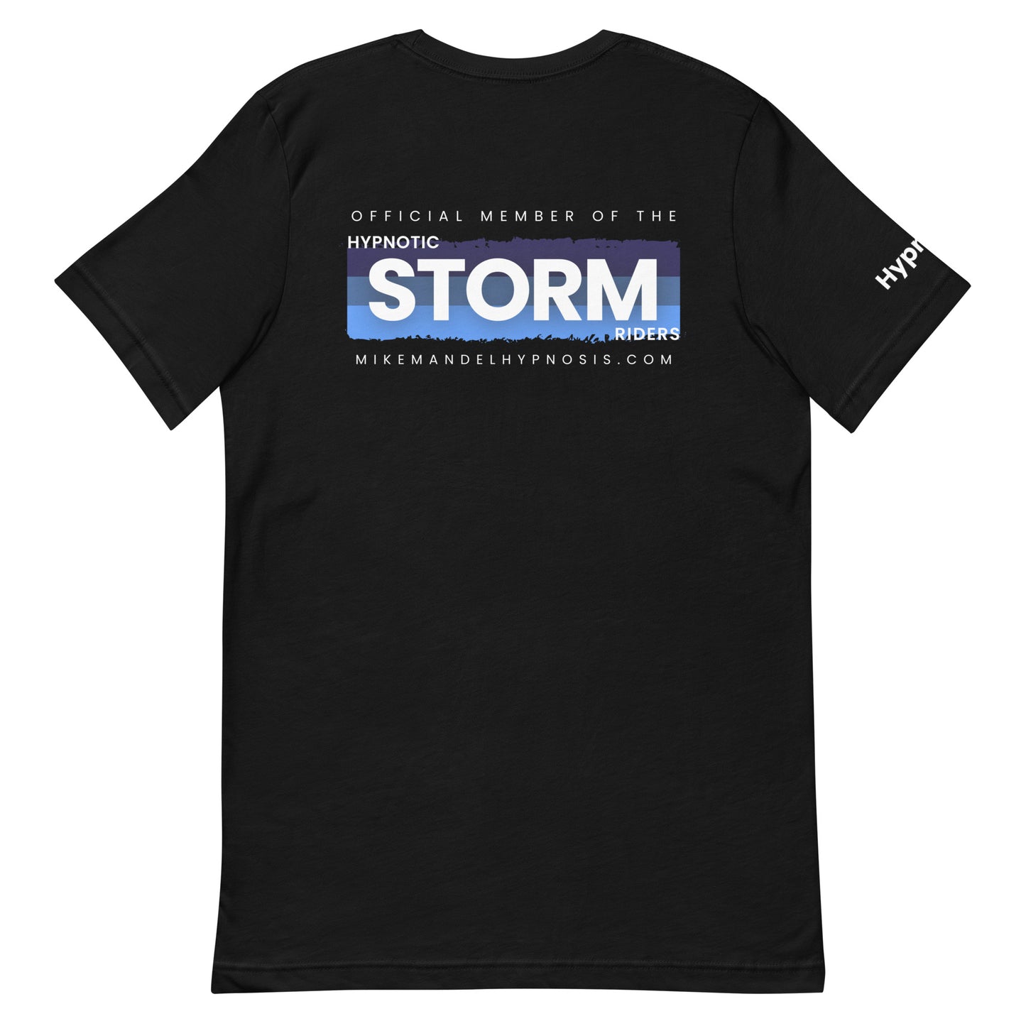 Official StormRider V3 Mike Mandel Hypnosis Unisex Cotton T-Shirt Colored Logo Dark Background - Hypnotist on sleeve