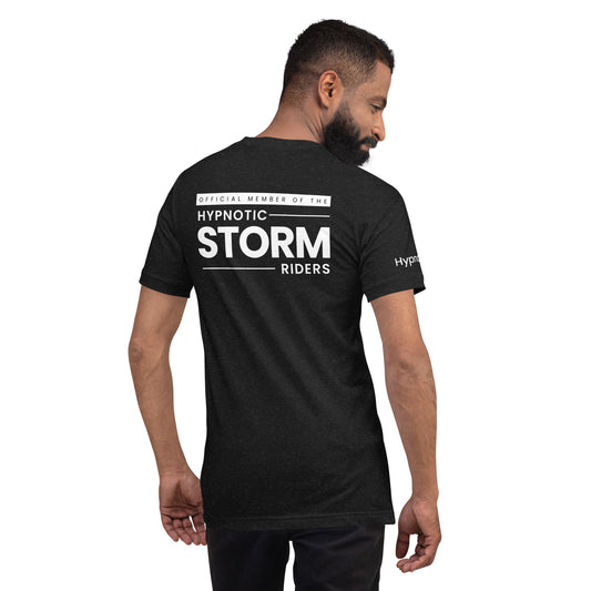 Official StormRider Mike Mandel Hypnosis Assorted Colors Unisex Cotton T-Shirt White Logo Dark Background - Hypnotist on sleeve