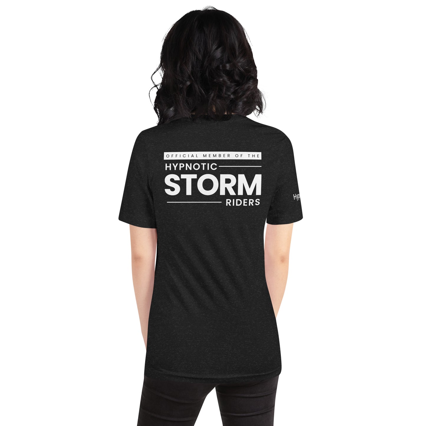 Official StormRider Mike Mandel Hypnosis Assorted Colors Unisex Cotton T-Shirt White Logo Dark Background - Hypnotist on sleeve