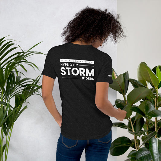 Official StormRider Mike Mandel Hypnosis Unisex Cotton T-Shirt Colored Logo Dark Background - Hypnotist on sleeve