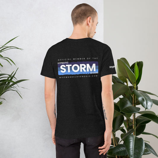 Official StormRider V3 Mike Mandel Hypnosis Unisex Cotton T-Shirt Colored Logo Dark Background - Hypnotist on sleeve