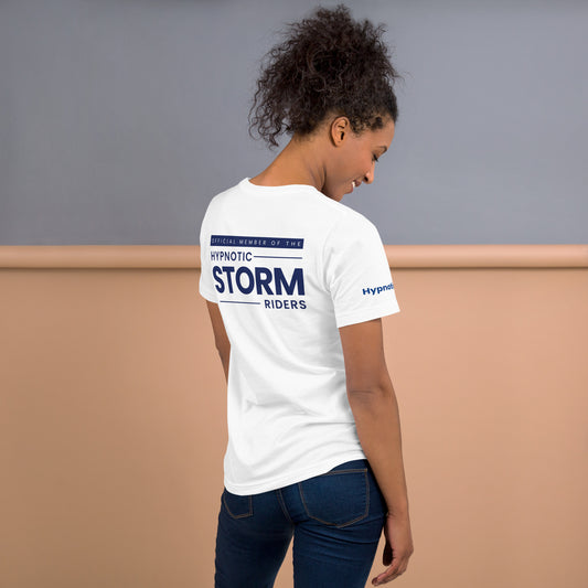 Official StormRider Mike Mandel Hypnosis Unisex Cotton T-Shirt Light Background - Hypnotist on sleeve